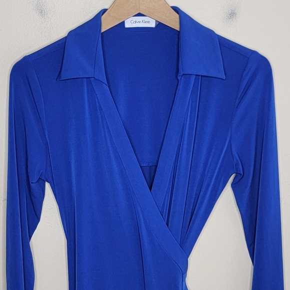 Calvin Klein | Blue Long Sleeve Collared Wrap Dress - Picture 2 of 5
